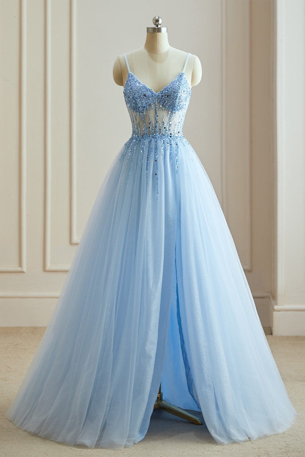 Hebochic A Line Spaghetti Straps Blue Prom Dresses V Neck Beading Evening Dresses