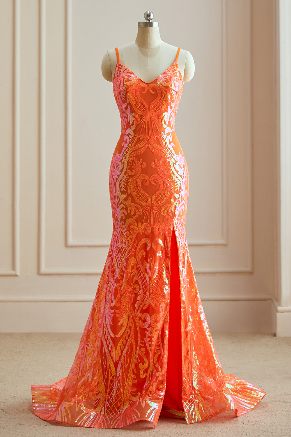 Hebochic Orange Mermaid Spaghetti Straps Sequins Slit Long Prom Dress Evening Dress