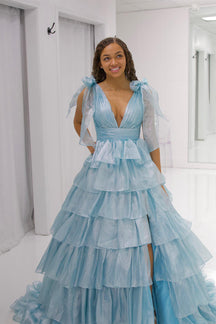 Hebochic V-neck Open Back Ball Gown Long Prom Dress with Ruffle Skirt
