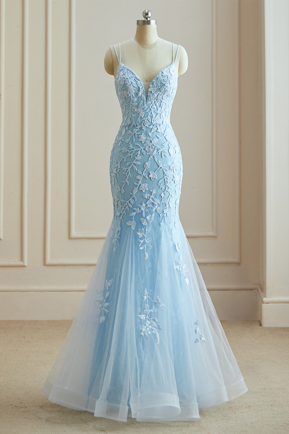 Elegant Blue Spaghetti Straps Tulle Mermaid Prom Dress With Appliques