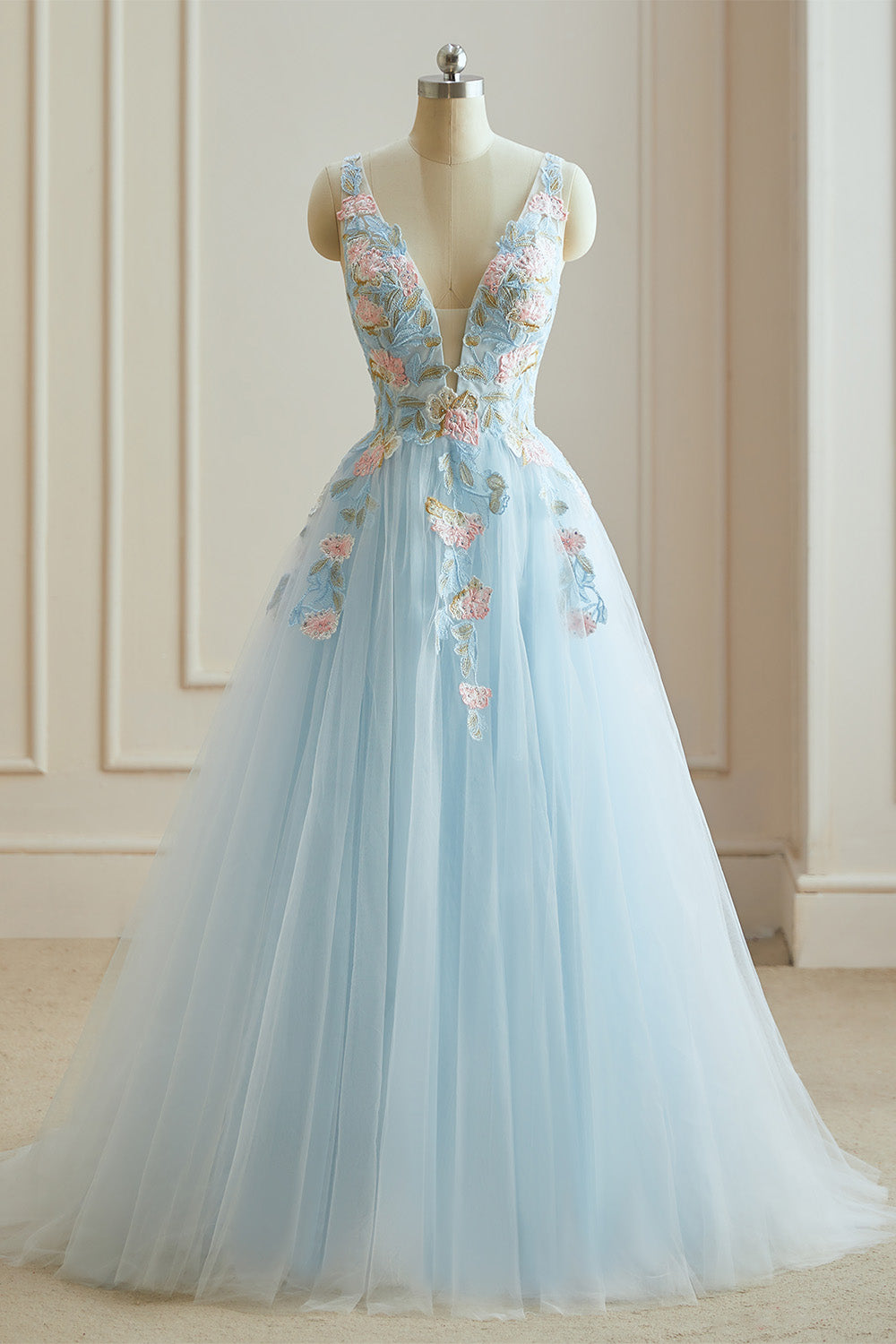 Hebochic A-Line Blue Princess Tulle Long Prom Dress With Appliques