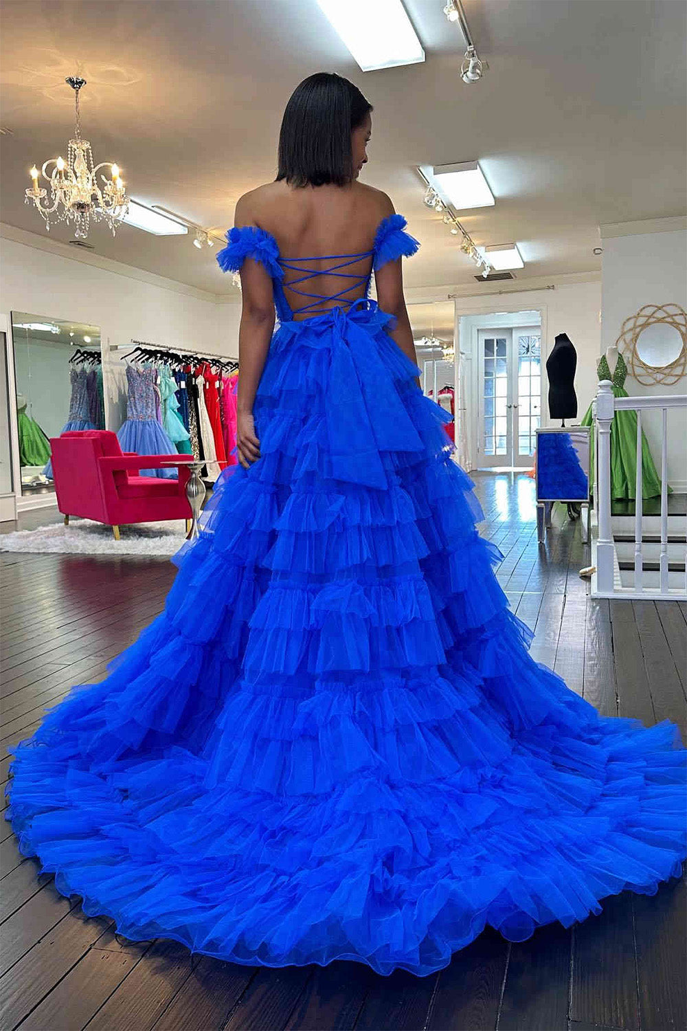 Hebochic Off the Shoulder Ruffle Red Layered Tulle Prom Dress with Slit