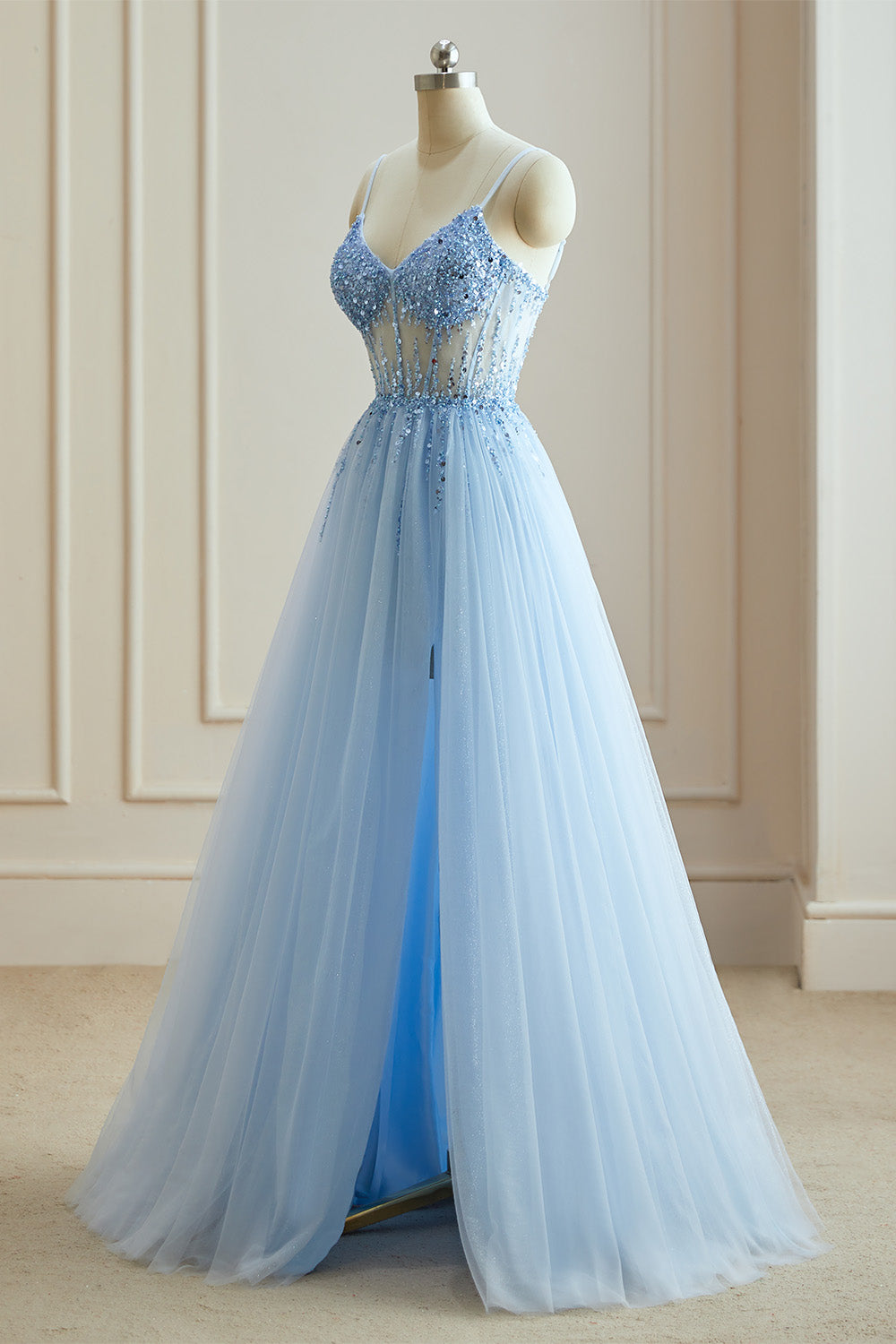 Hebochic A Line Spaghetti Straps Blue Prom Dresses V Neck Beading Evening Dresses
