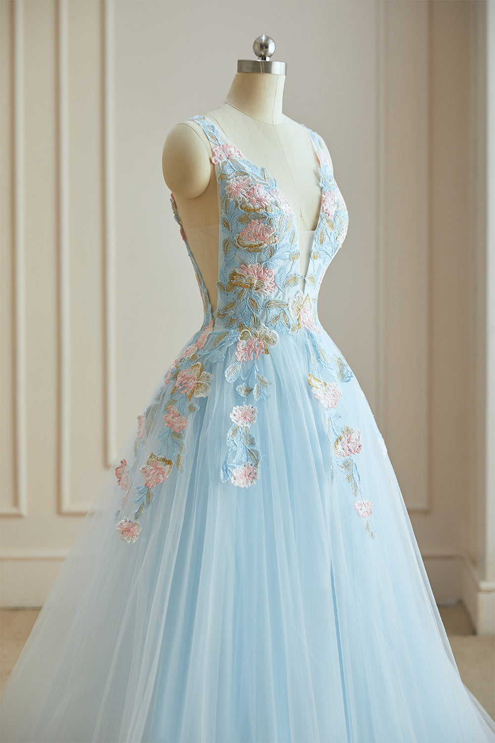 Hebochic A-Line Blue Princess Tulle Long Prom Dress With Appliques
