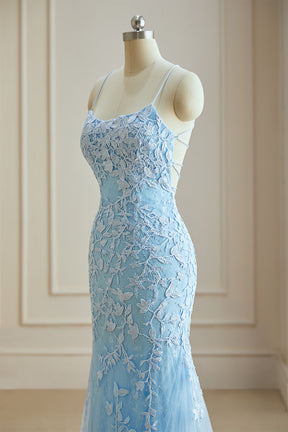 Hebochic Elegant Spaghetti Straps Sky Blue Mermaid Backless Pageant Prom Dresses