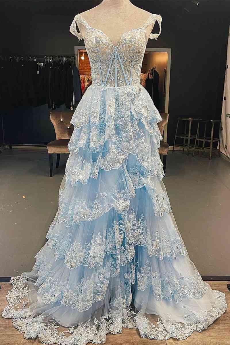Hebochic A Line Light Blue Lace Sweetheart Tiered Slit Long Prom Dress Evening Dress
