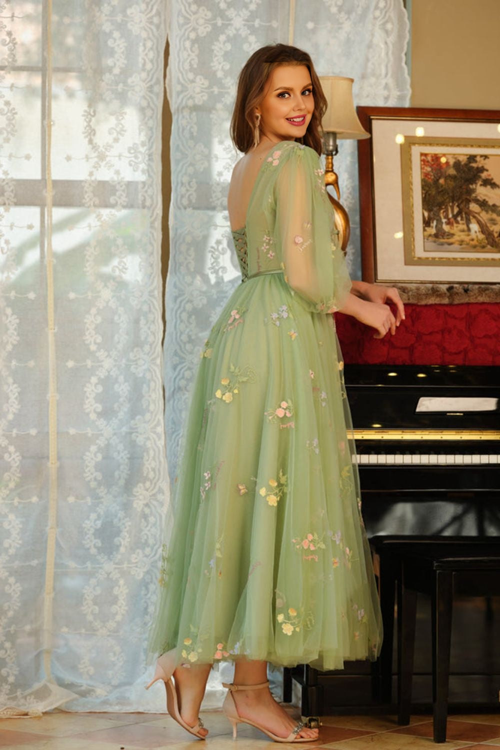 A Line V Neck Long Sleeves Homecoming Dresses Tulle With Embroidery