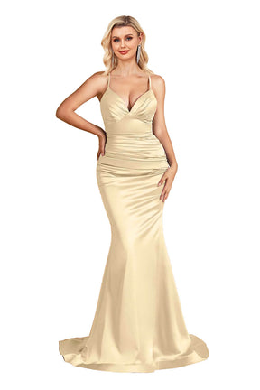Satin Mermaid V-neck Bridesmaid Dresses Spaghetti Straps Floor Length Women Prom Dress