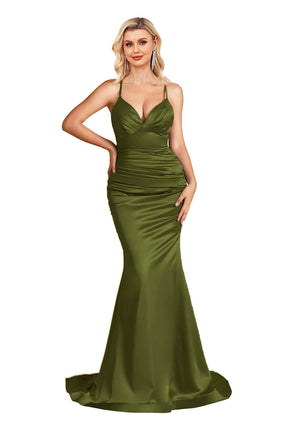 Satin Mermaid V-neck Bridesmaid Dresses Spaghetti Straps Floor Length Women Prom Dress