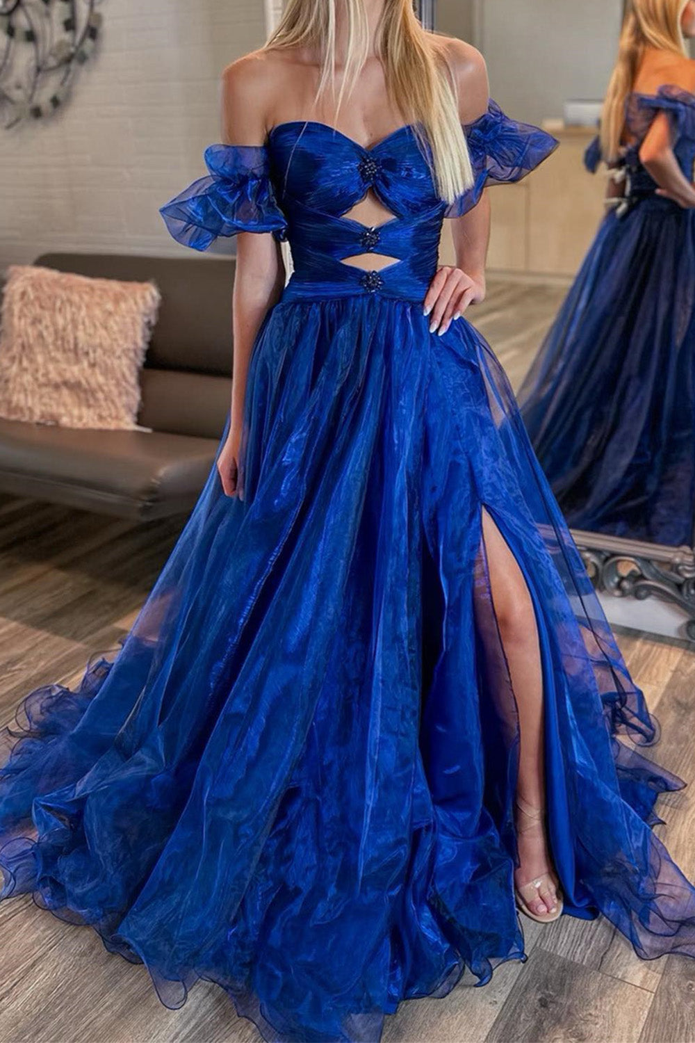 Hebochic Royal Blue Tulle Off-Shoulder Rhinestones Long Prom Dress with Slit