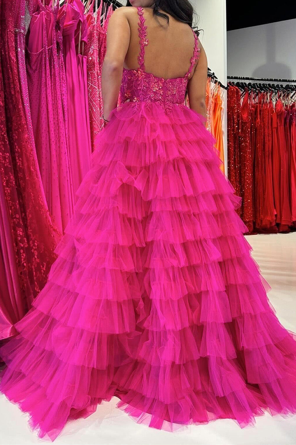 Hebochic Fuchsia Layers Floral Tulle A-line Long Prom Dress