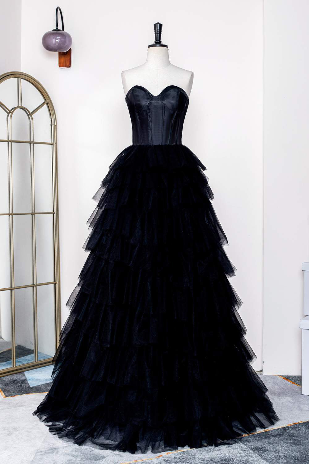 Hebochic Black Strapless A-line Multi-Layers Tulle Long Prom Dress