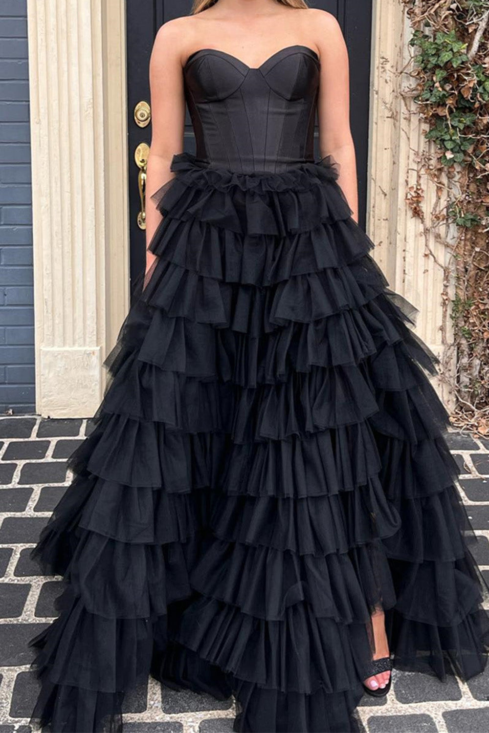 Hebochic Black Strapless A-line Multi-Layers Tulle Long Prom Dress