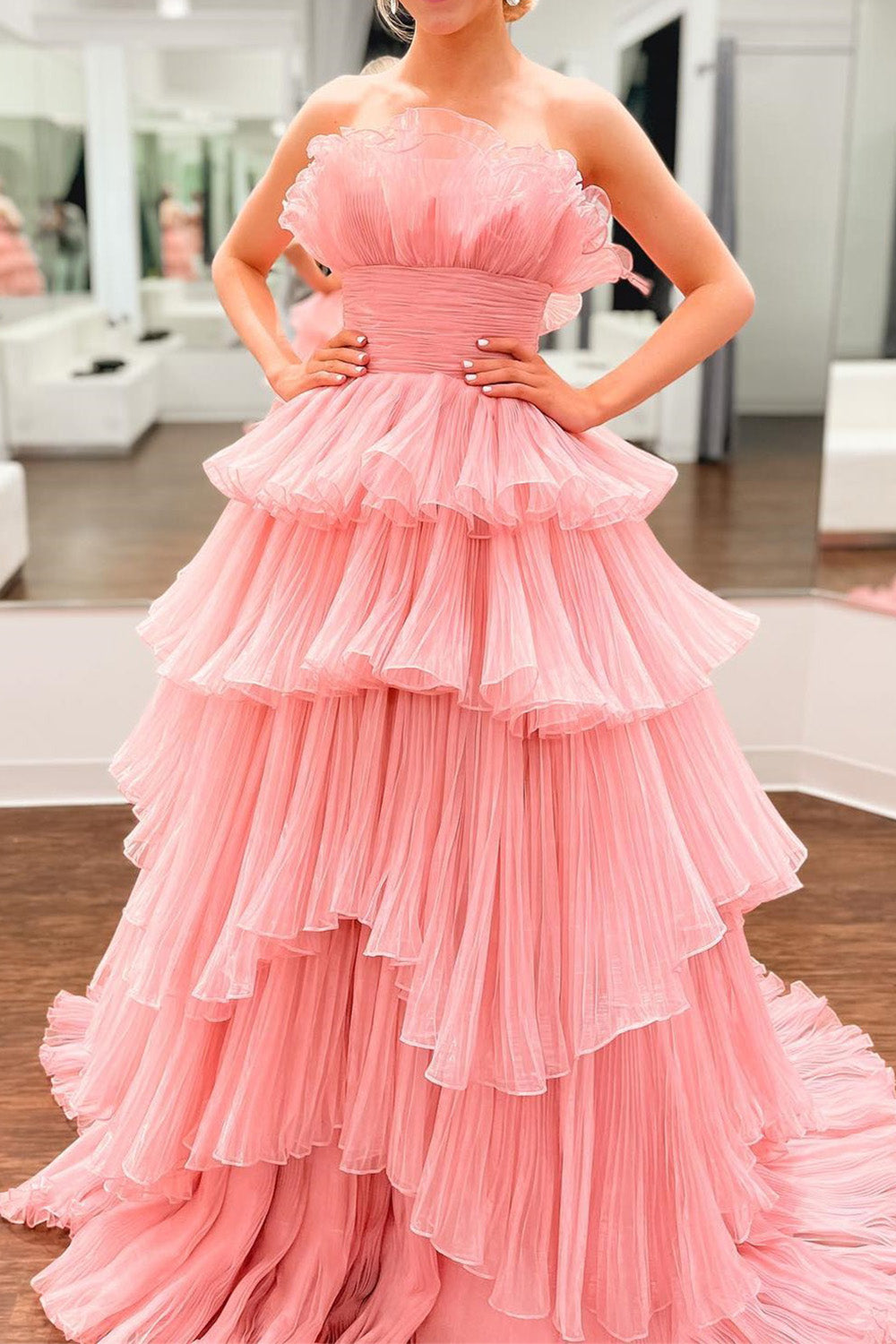 Hebochic Candy Pink Tulle A-line Strapless Ruffles layers Long Prom Dress