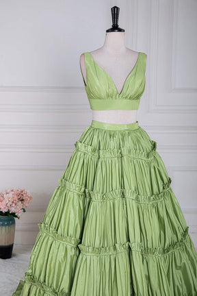 Hebochic Green Two-Picec Ruffled A-line Long Prom Dress