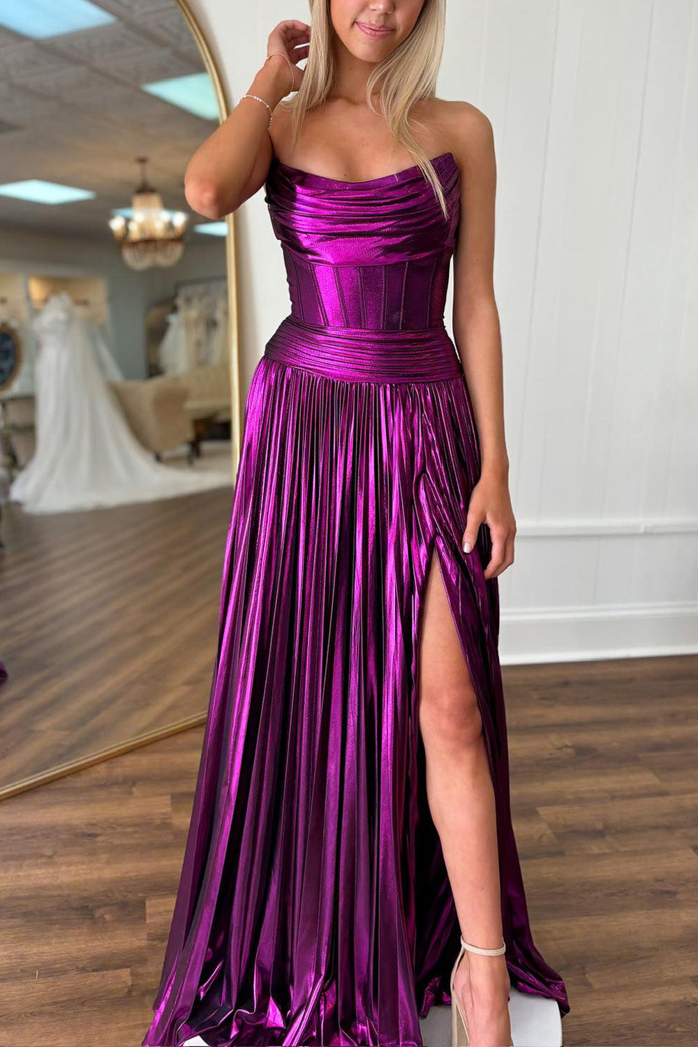 Hebochic Strapless Satin A-Line Long Prom Dress with Slit