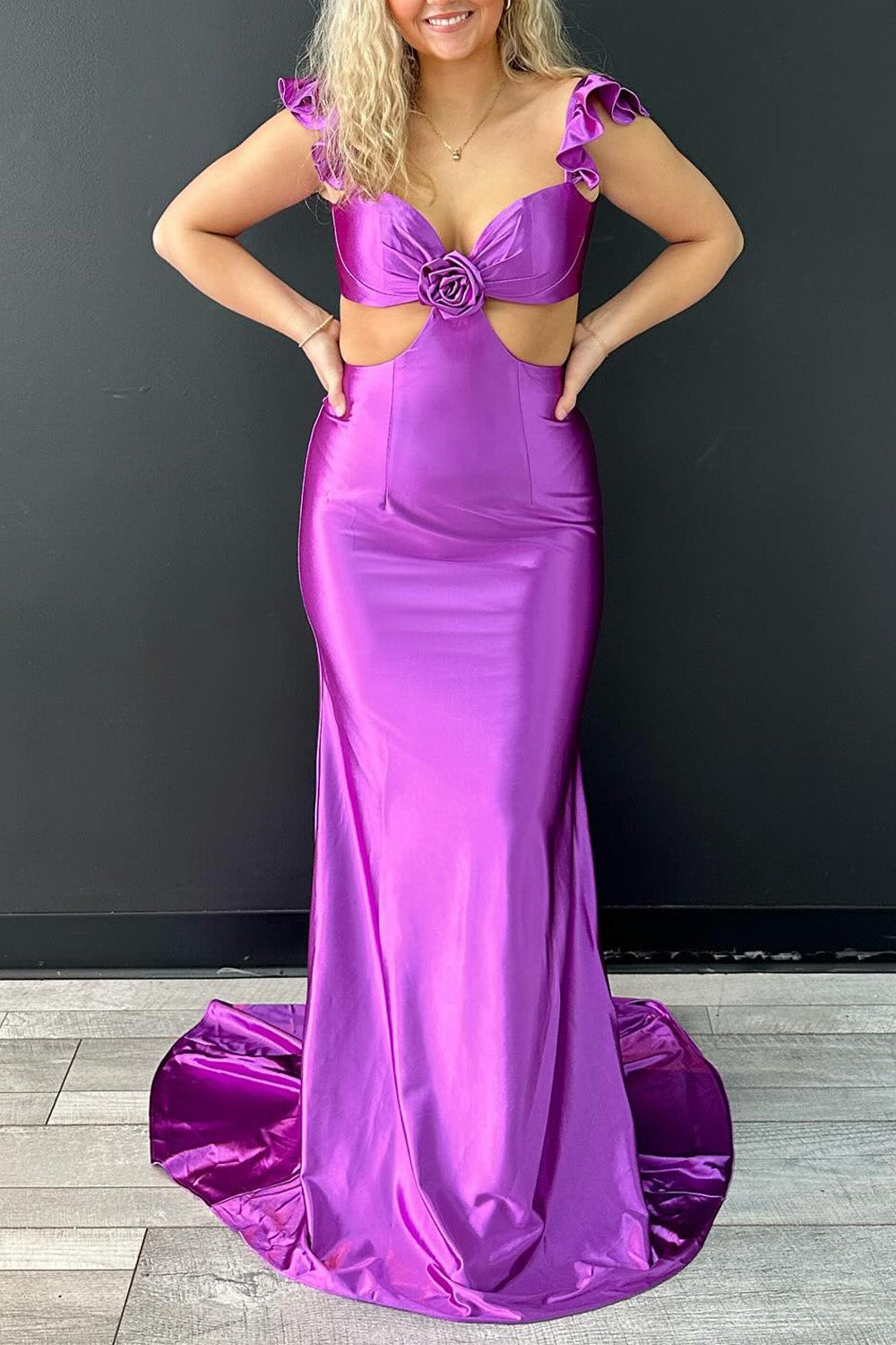 Hebochic Ruffle Straps Fuchsia Rosette Side Cutouts Prom Dress