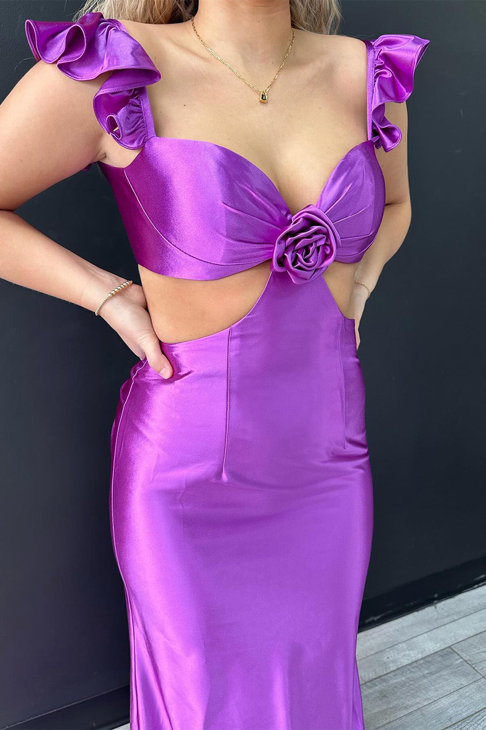 Hebochic Ruffle Straps Fuchsia Rosette Side Cutouts Prom Dress
