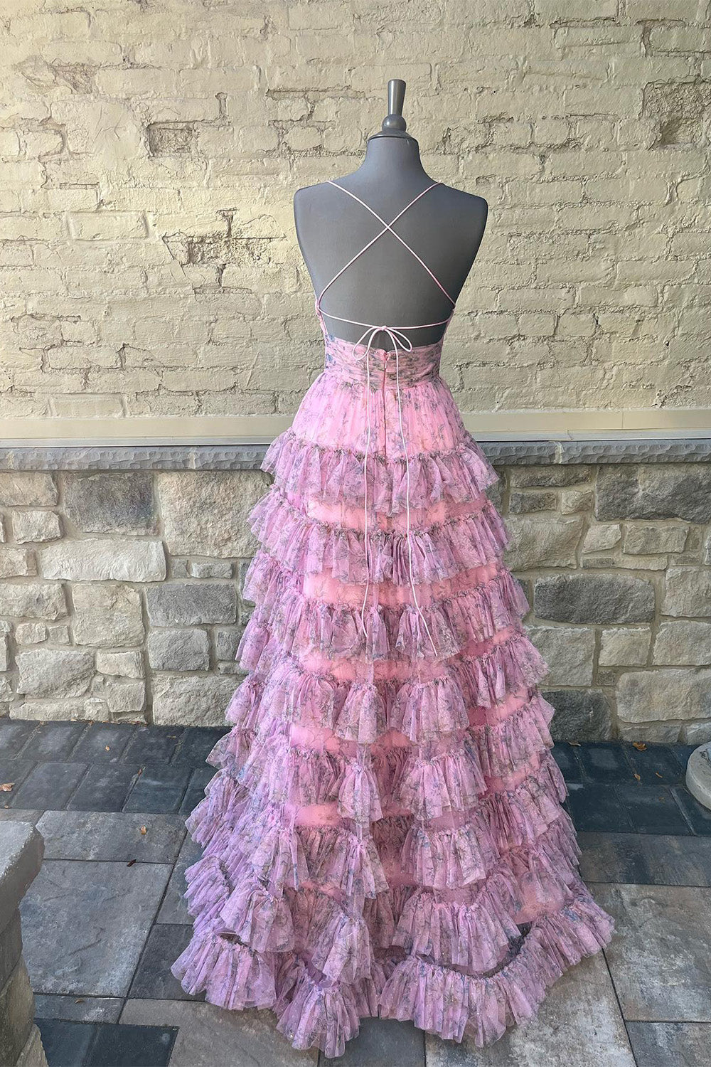 Hebochic A Line Spaghetti Straps Printed Tulle Prom Dress with Ruffles