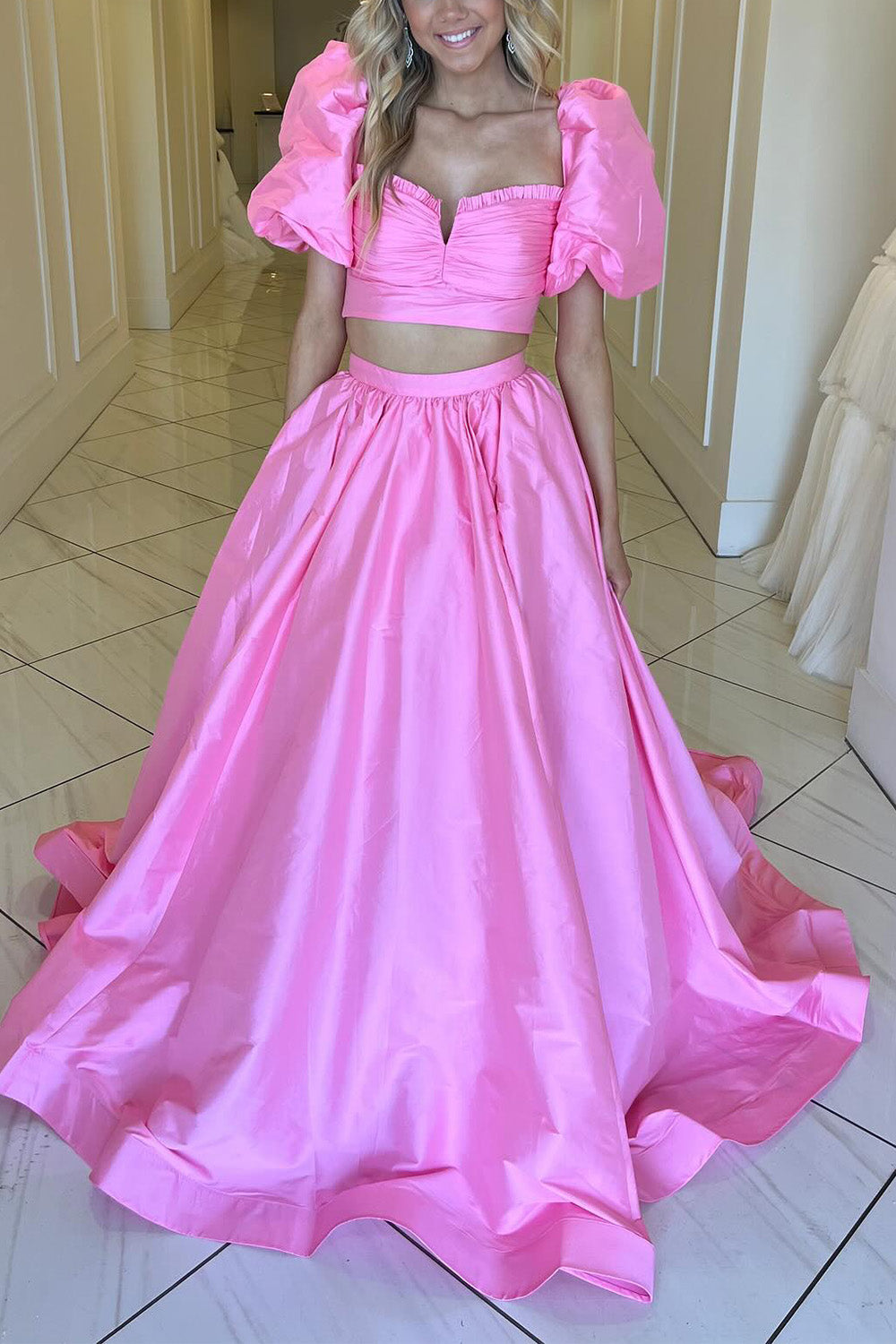 Hebochic Hot Pink A-Line Short Sleeves Long Prom Dress with Slit