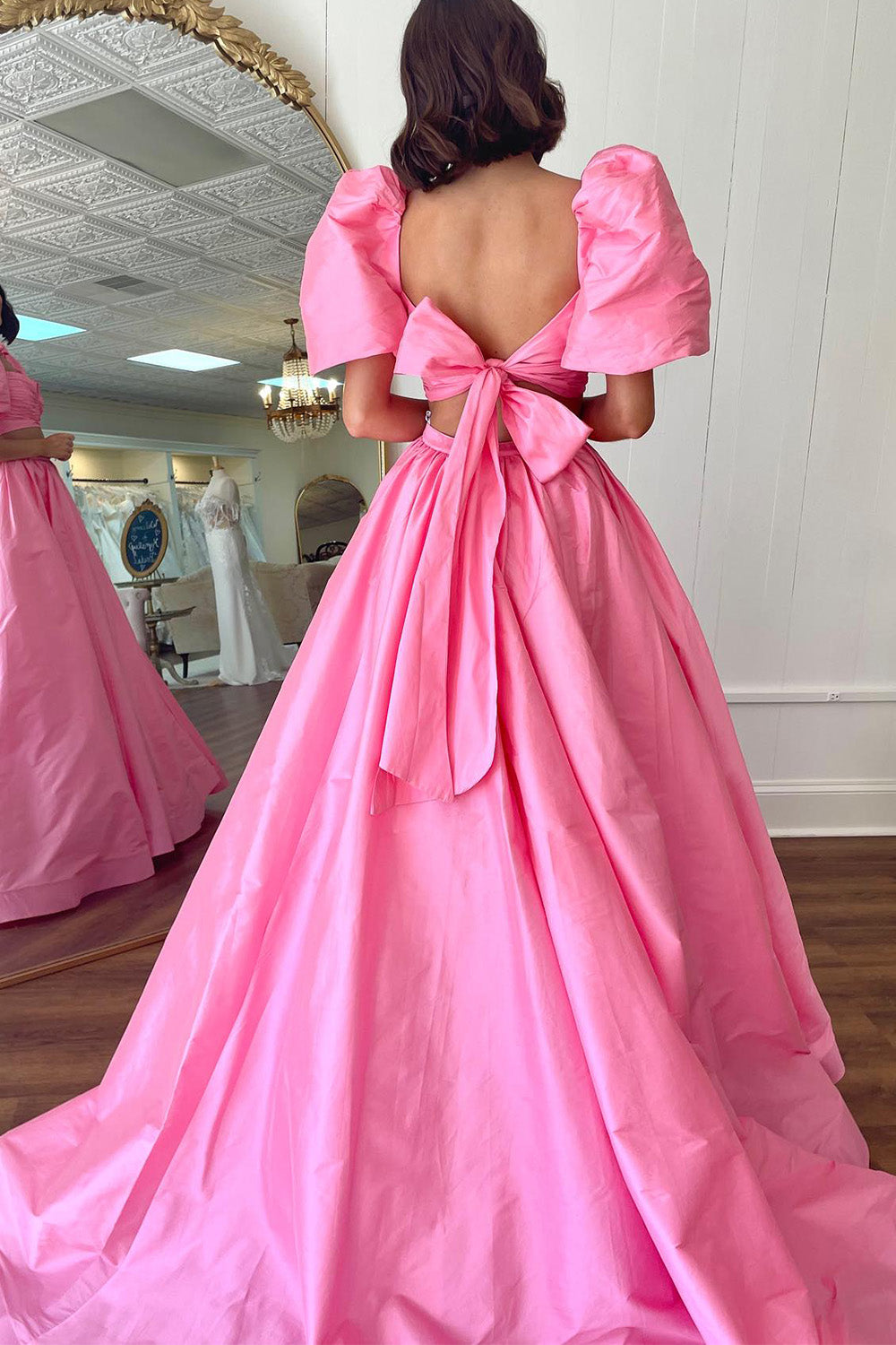 Hebochic Hot Pink A-Line Short Sleeves Long Prom Dress with Slit