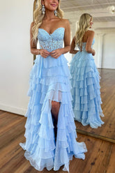 Hebochic Royal Blue Chiffon Sweetheart Ruffle Tiered Long Prom Dress