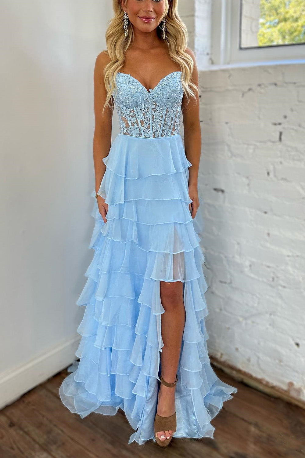 Hebochic Royal Blue Chiffon Sweetheart Ruffle Tiered Long Prom Dress