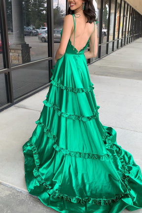 Hebochic A-Line V Neck Green Satin Ruffle Long Prom Dress