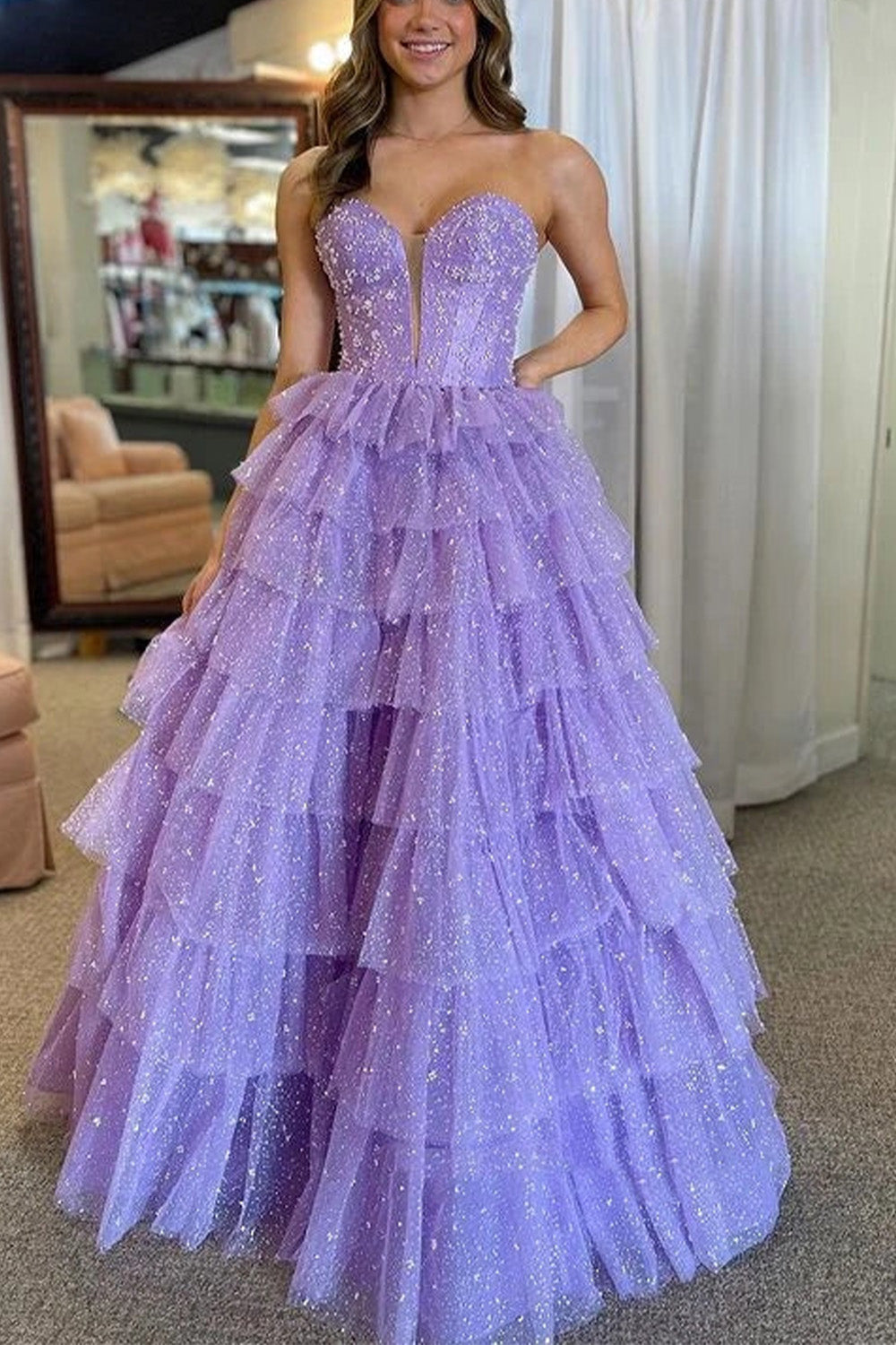 Hebochic Shiny Strapless V Neck Layered Purple Tulle Long Prom Dresses Formal Graduation Evening Dresses