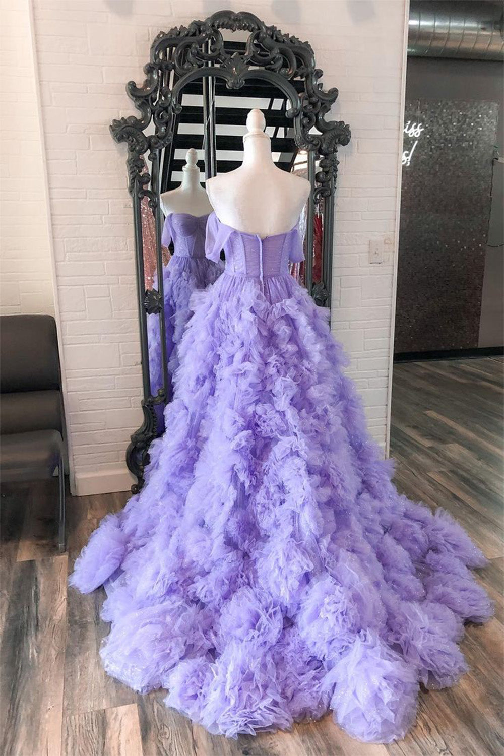 Hebochic A-Line Ruffles Off-the-Shoulder Prom Dress with Slit