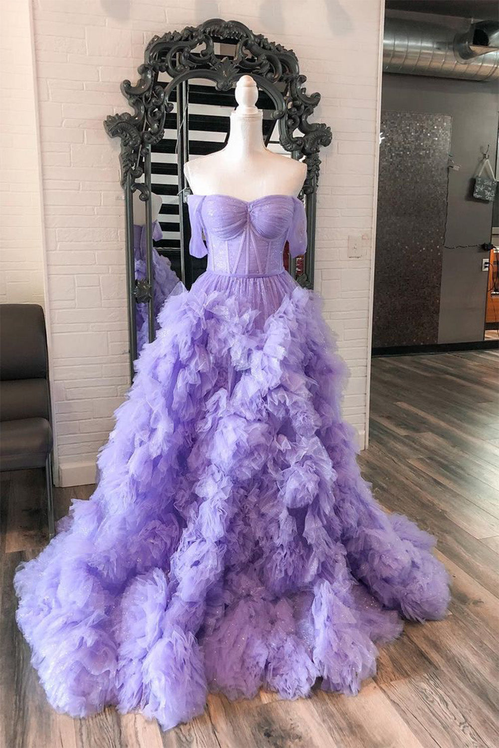 Hebochic A-Line Ruffles Off-the-Shoulder Prom Dress with Slit