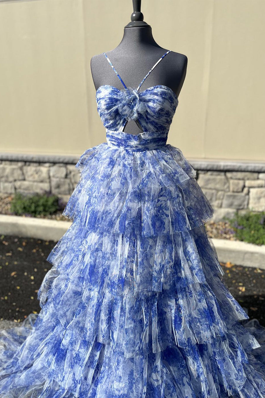Hebochic Blue Print Halter Keyhole Ruffle Tiered Long Prom Dress