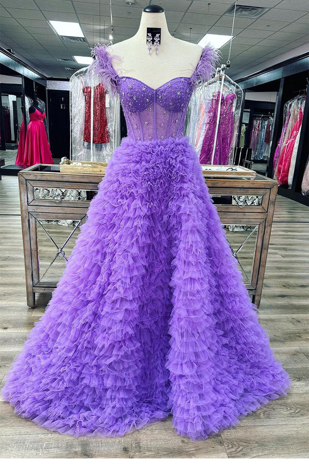 Hebochic Hot Pink Beaded Feather Off-the-Shoulder Tiered Long Prom Dress with Slit