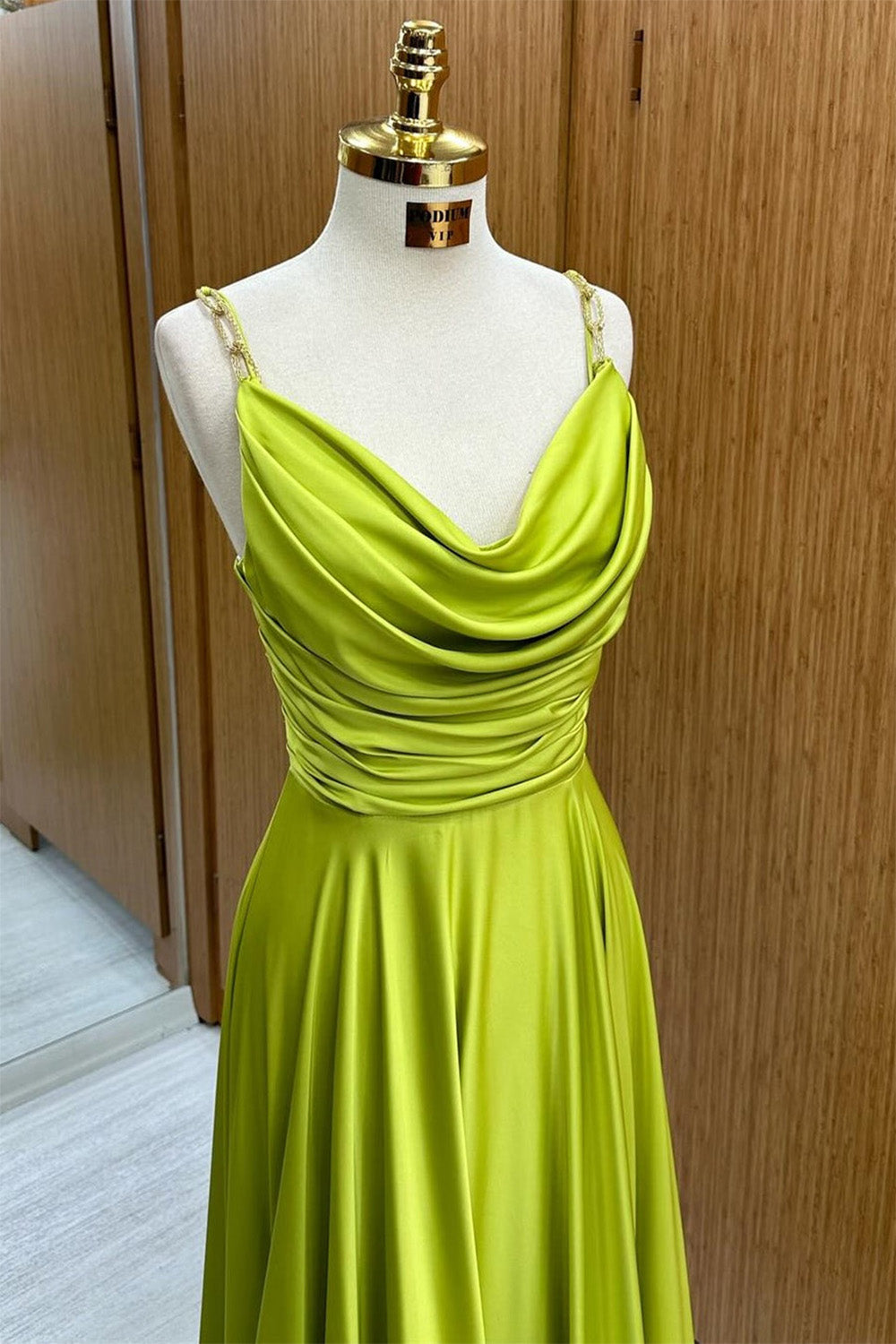 Hebochic Olive Green Cowl Neck Chain Strap A-Line Long Prom Dress