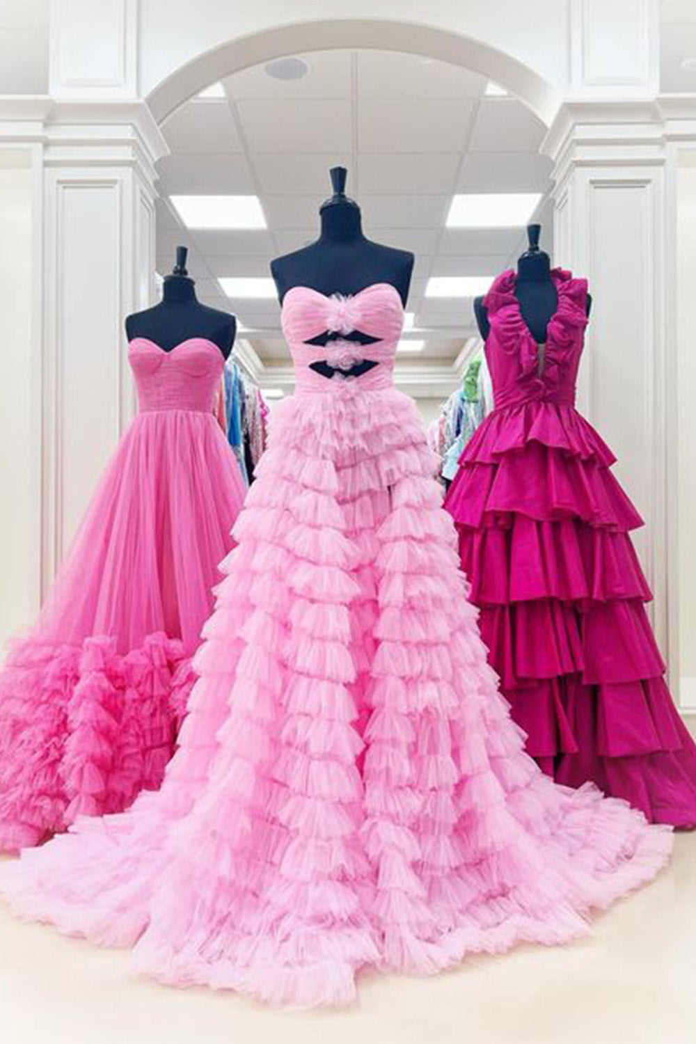 Hebochic Pink Print Strapless Keyhole Ruffle Tiered Long Prom Dresses