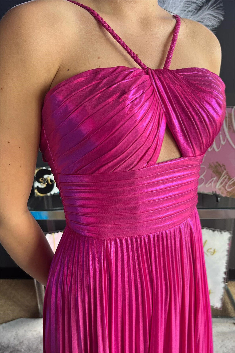 Hebochic Purple Spaghetti Straps Metallic Keyhole Long Prom Dress with Slit
