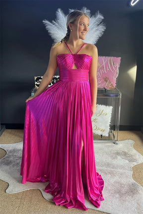 Hebochic Purple Spaghetti Straps Metallic Keyhole Long Prom Dress with Slit
