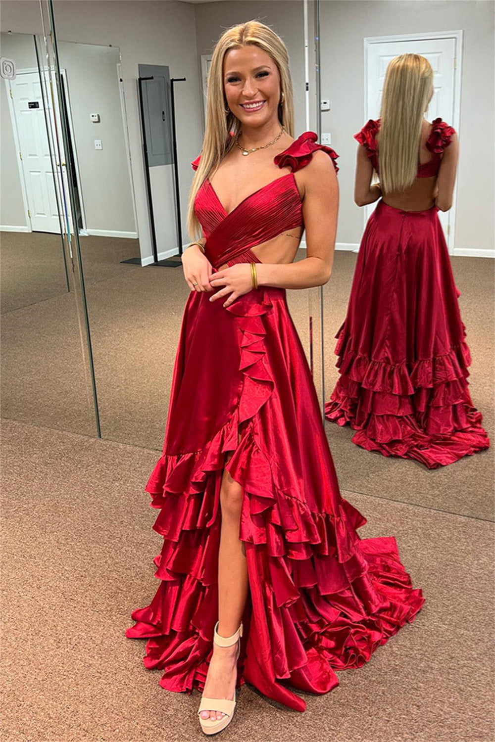 Hebochic Red Ruffled Crossed Top Hi-Low Layers Long Prom Dress