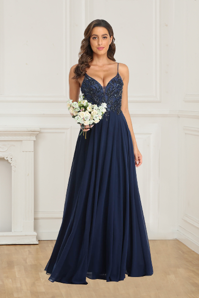 Dark Blue A-line Chiffon and Lace Appliques Long Prom Dress