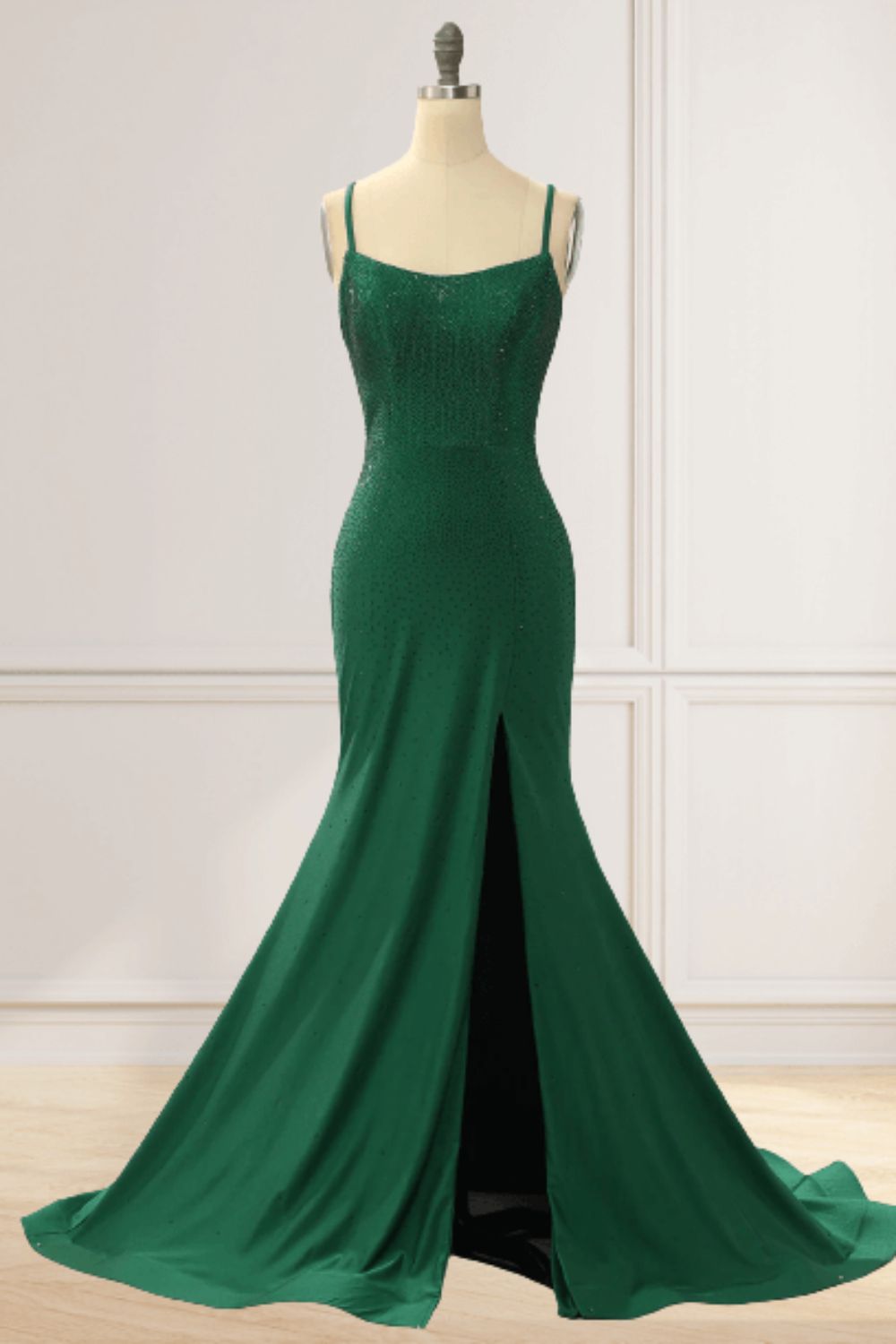 Hebochic Green Mermaid Slit Beading Prom Dress Long Evening Gown Dress