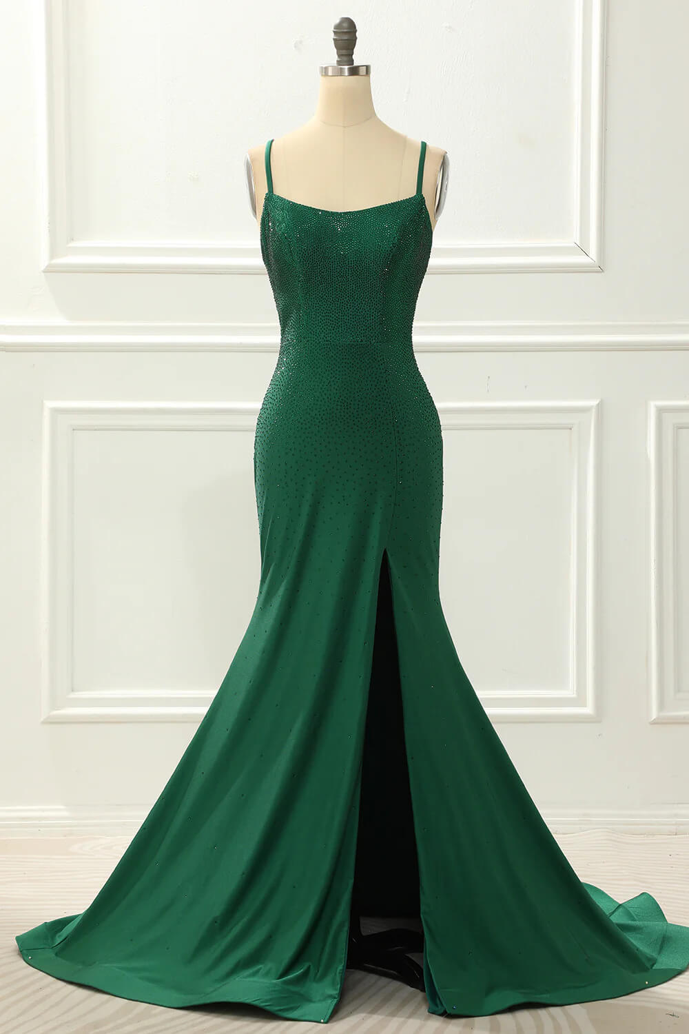 Hebochic Green Mermaid Slit Beading Prom Dress Long Evening Gown Dress