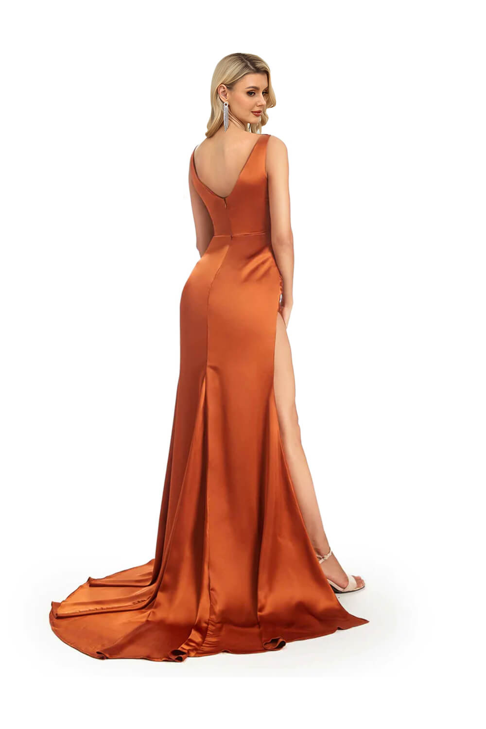 Hebochic Burnt Orange  Long Mermaid Satin Prom Dresses With Slit Bridesmaid Dress
