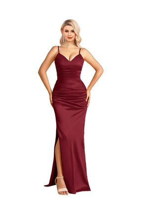 Hebochic Mermaid Bridesmaid Dresses Spaghetti Straps V-neck Side Slit Floor Length Evening Gown Dress Prom Dress