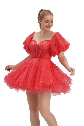 Hebochic Puff Sleeve Homecoming Dresses Short Sweetheart Tulle Prom Dresses Ruffle Cocktail Dresses