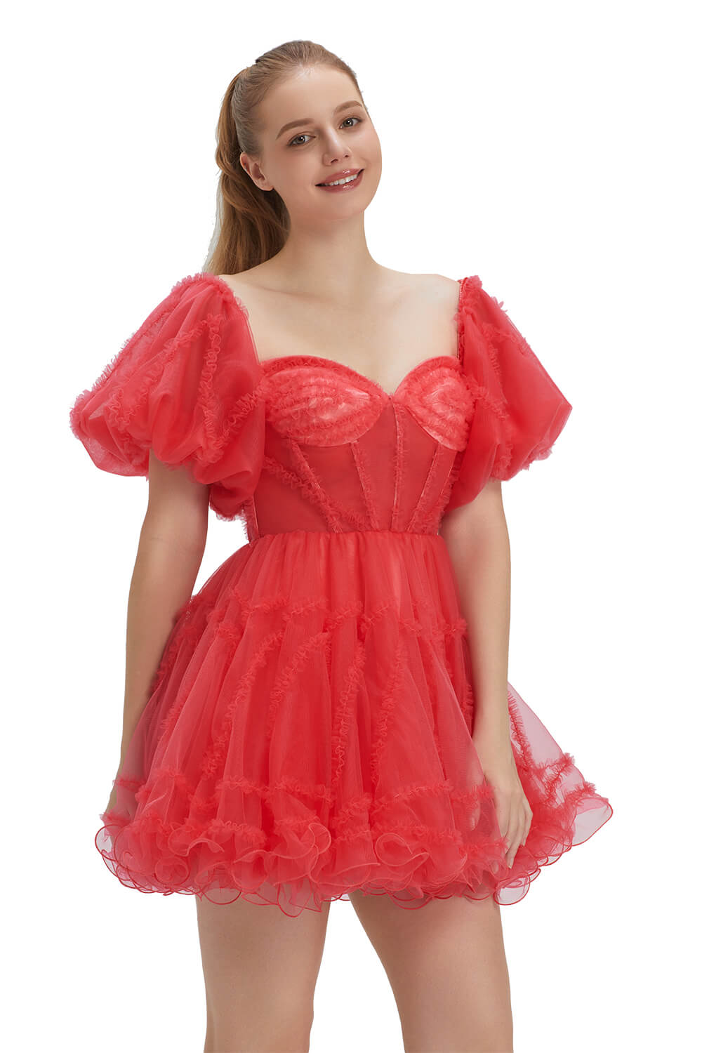 Hebochic Puff Sleeve Homecoming Dresses Short Sweetheart Tulle Prom Dresses Ruffle Cocktail Dresses