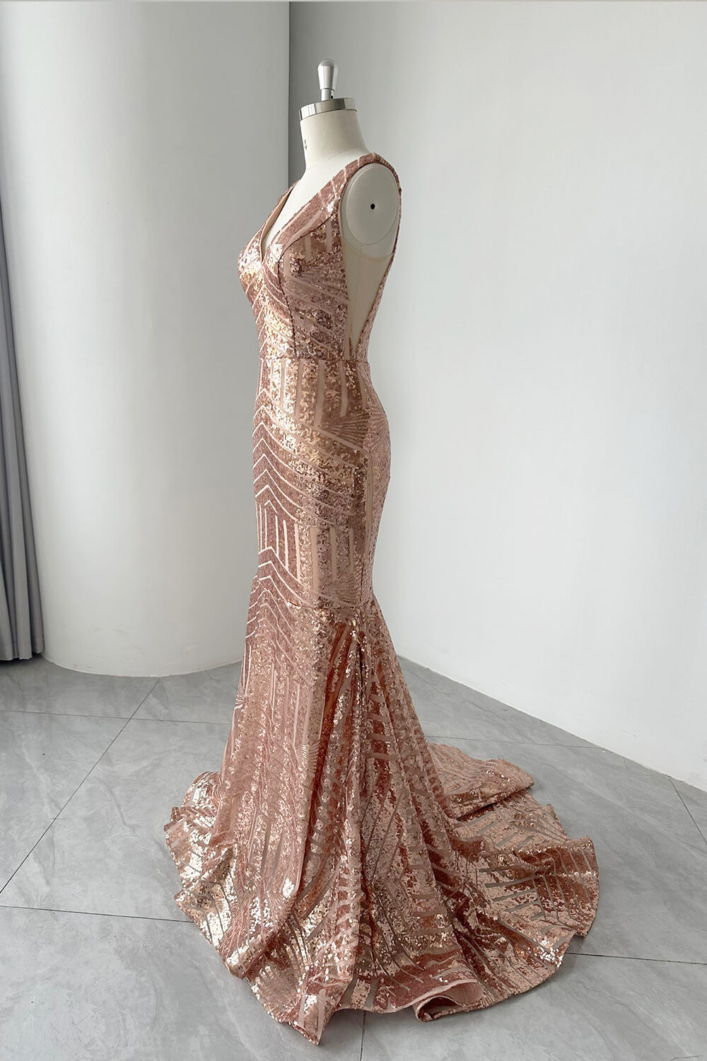 Hebochic Rose Pink Mermaid Floor Length Sequin Gown Prom Dress Evening Dress