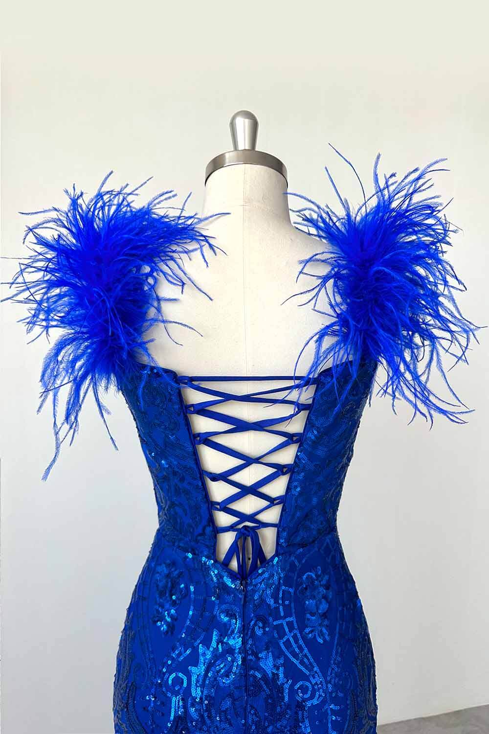 Hebochic Royal Blue Sequin Prom Dress with Off-Shoulder Feather Straps Floor Length Dress