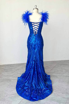 Hebochic Royal Blue Sequin Prom Dress with Off-Shoulder Feather Straps Floor Length Dress
