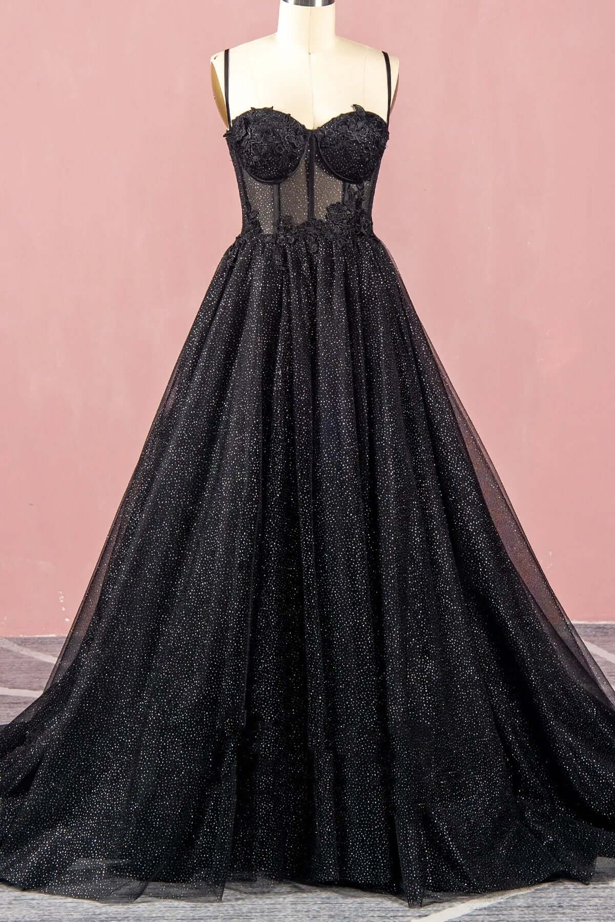 Hebochic Black A Line Sweetheart Lace Slit  Appliques Tulle Prom Dresses  Long Evening Dress 