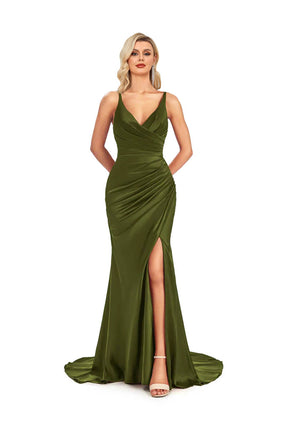 Hebochic Sexy Satin Spaghetti Straps V-Neck Long Mermaid Prom Dresses With Slit Evening Dress